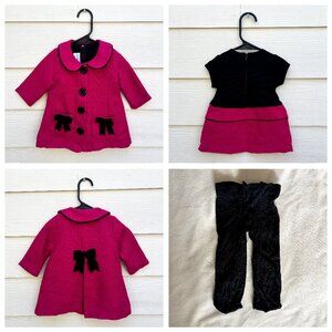 Cute Iris & Ivy Baby Girls 3pc Coat Dress Set Pink Black Bow - Size 12M / 1 year